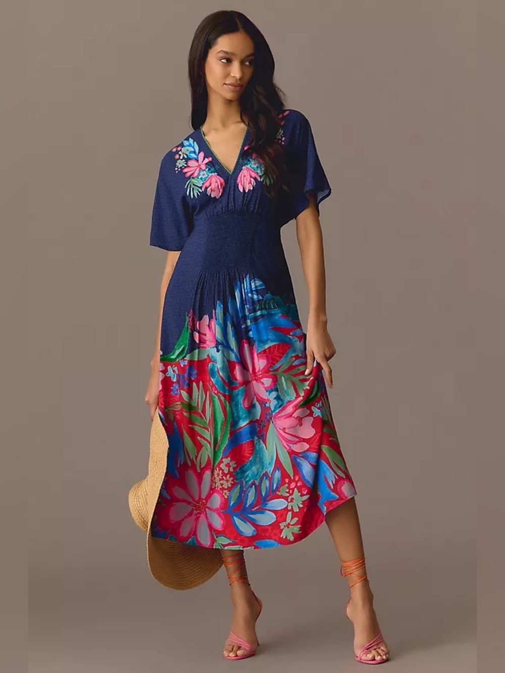 Anthropologie Navy Floral Maxi Dress with Pink & Blue Accents